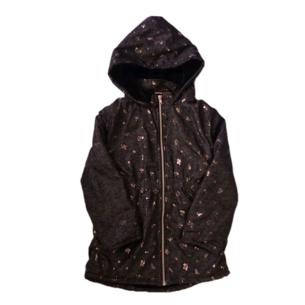 Penelope Mack Black Faux Fur Lined Hooded Coat sz 8 Girls Gold Floral Pattern